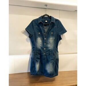 Venus Distressed Denim Blue Mini Dress w Bubble-Hem & Pockets Cap Sleeve Size 16